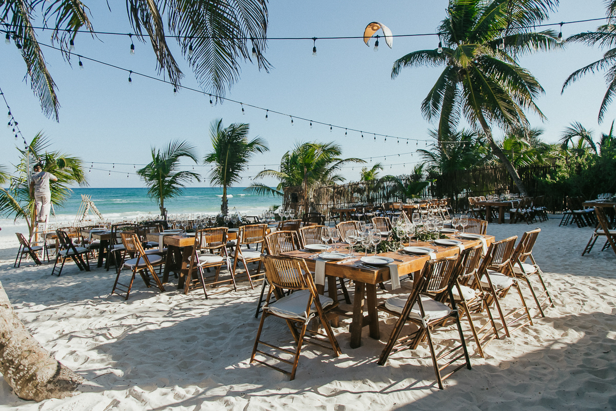 Boho wedding decor at Akiin Beach Tulum Wedding in Mexico by Caro Navarro Photography