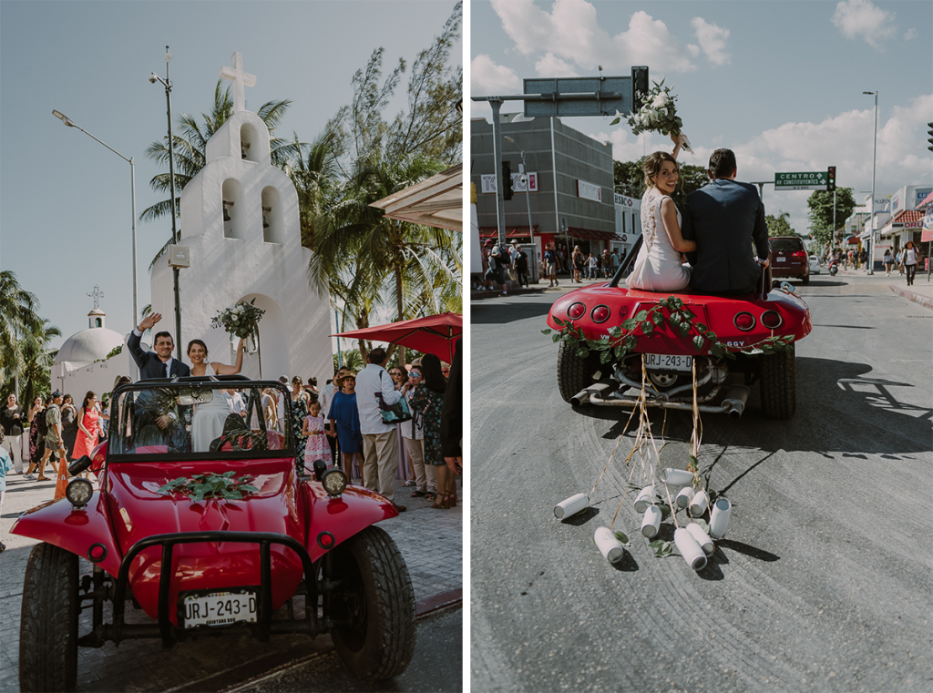 Bride and groom red buggy exit in Playa del Carmen, Mexico. Caro Navarro Photography