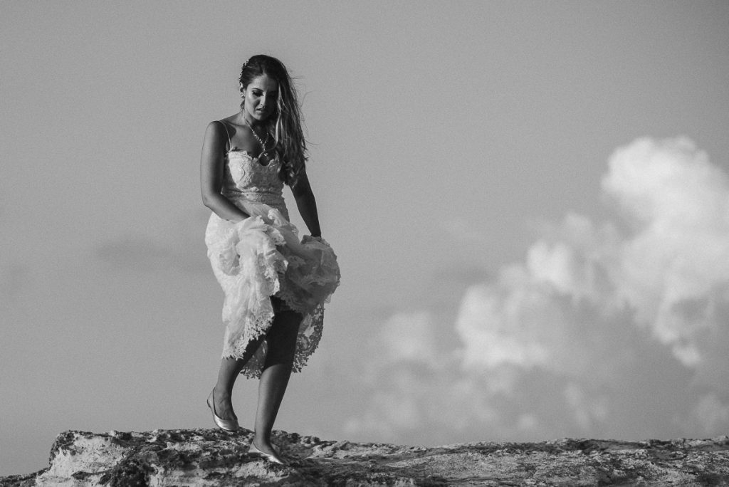 Black and white beach bride portraits. Riu Caribe wedding by Caro Navarro Photography