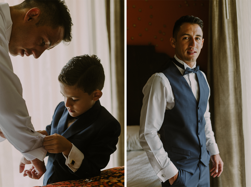 Groom and son getting ready for Glam Hard Rock Riviera Maya Destination Wedding, Mexico. Caro Navarro Photography