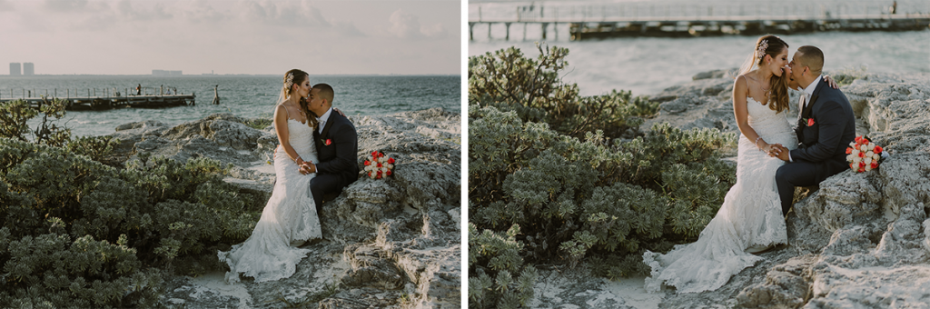 Bride and groom beach portraits. Riu Caribe Cancun destination wedding by Caro Navarro Photography