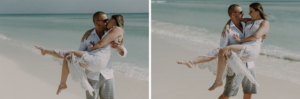 Bride and groom beach portraits at Royal Hideaway Playacar in Mexico by Caro Navarro Wedding Photography