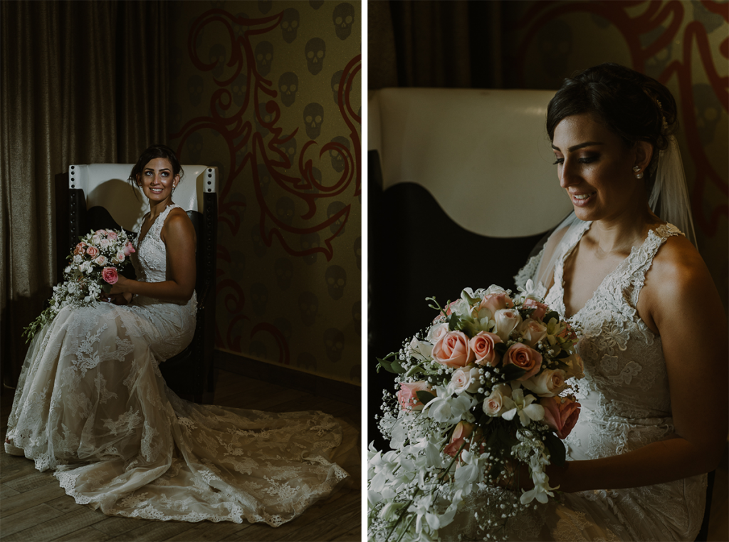 Bridal portraits in lace wedding dress at Hard Rock Riviera Maya Hotel in Mexico. Caro Navarro Wedding Photography