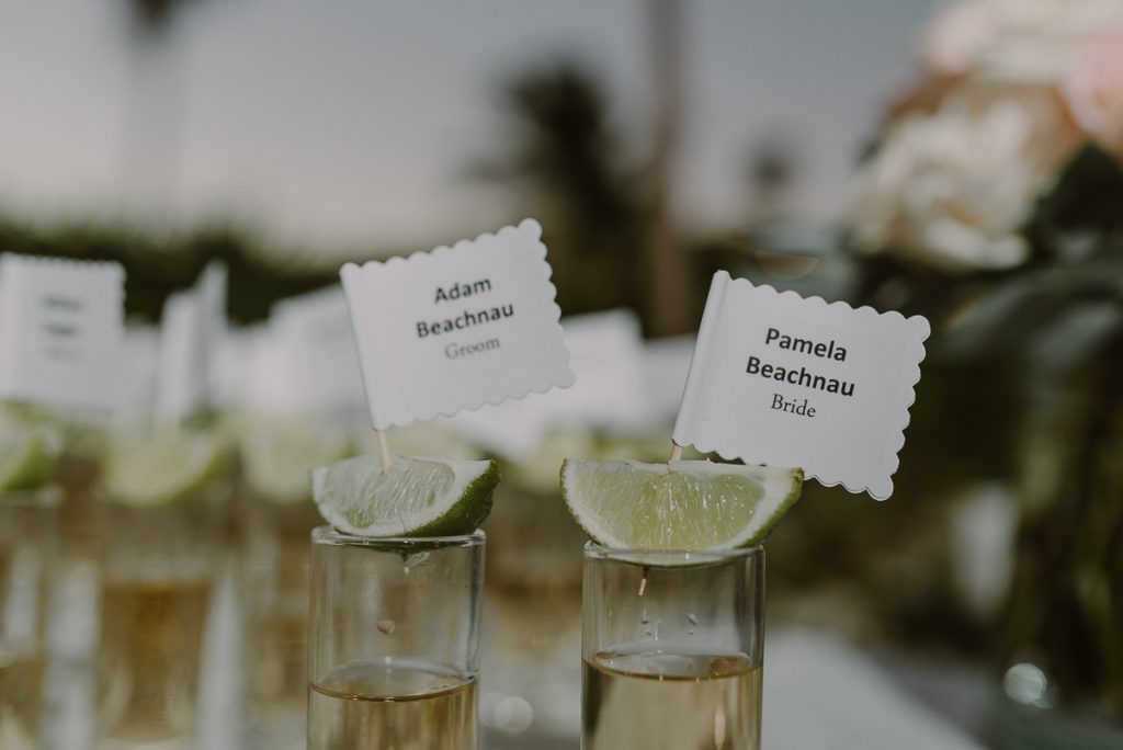 Tequila shots seating cards at Royalton Riviera Cancun wedding. Caro Navarro Photography